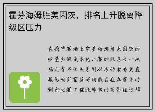 霍芬海姆胜美因茨，排名上升脱离降级区压力