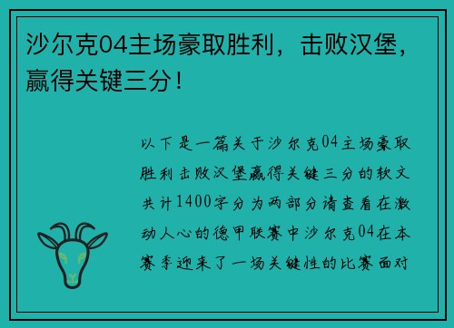 沙尔克04主场豪取胜利,击败汉堡,赢得关键三分! 沙尔克04主场豪取胜利,击败汉堡,赢得关键三分!