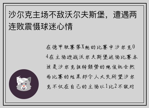 沙尔克主场不敌沃尔夫斯堡,遭遇两连败震慑球迷心情 沙尔克主场不敌沃尔夫斯堡,遭遇两连败震慑球迷心情
